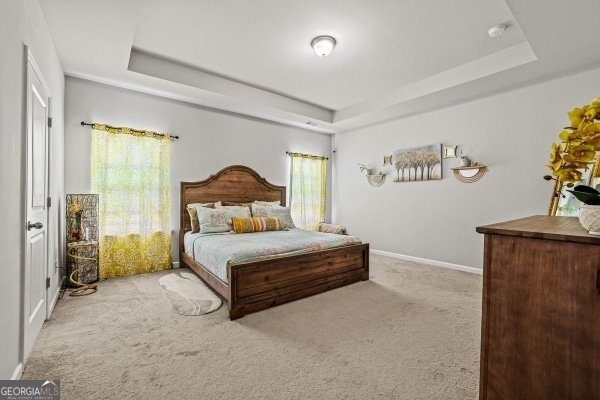 carpeted bedroom with baseboards and a tray ceiling