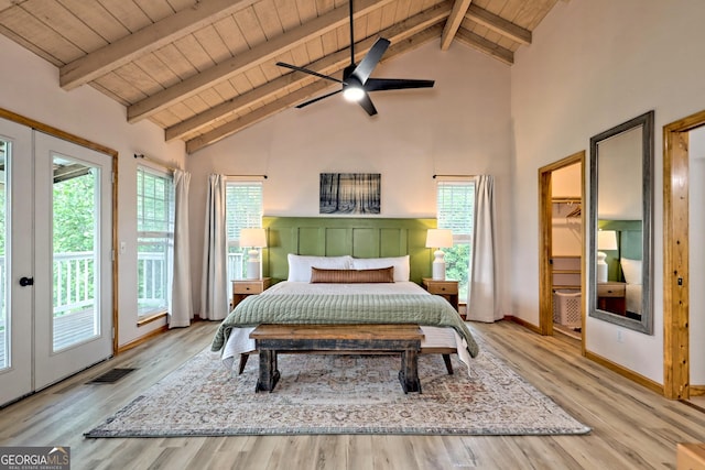 bedroom featuring beam ceiling, visible vents, wood ceiling, and access to outside