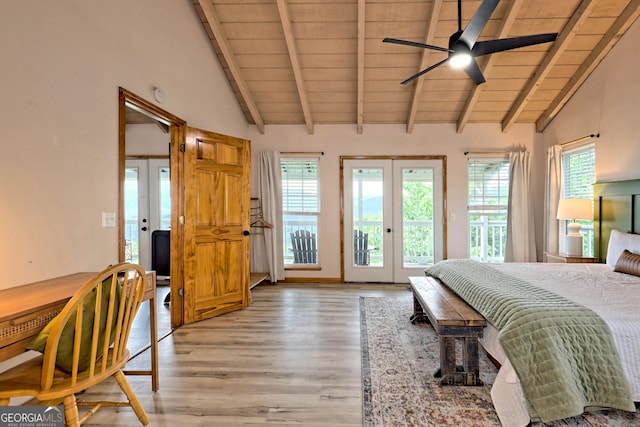 bedroom with lofted ceiling with beams, light wood-style flooring, french doors, wooden ceiling, and access to outside