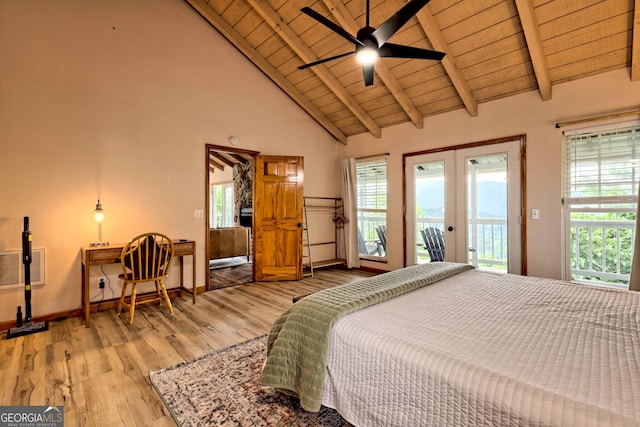 bedroom with access to exterior, wood ceiling, multiple windows, and wood finished floors