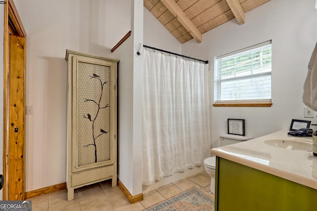 full bath featuring toilet, lofted ceiling with beams, tile patterned floors, and wooden ceiling