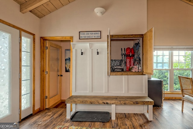 mudroom with wood ceiling, wood finished floors, and vaulted ceiling with beams