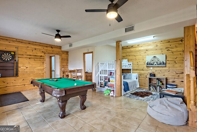 game room featuring billiards, light tile patterned floors, a ceiling fan, and visible vents