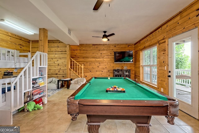 rec room featuring tile patterned floors, visible vents, billiards, a ceiling fan, and wooden walls