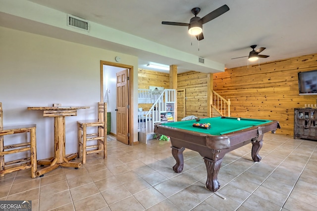 playroom featuring tile patterned floors, wooden walls, billiards, and visible vents