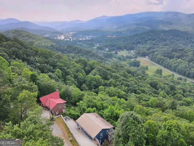 birds eye view of property with a forest view and a mountain view