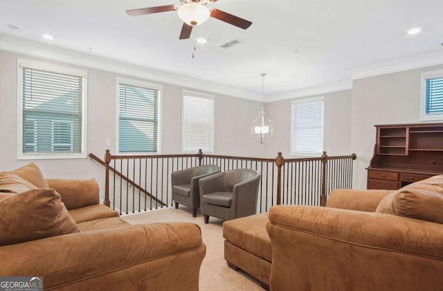 living room with light carpet, visible vents, recessed lighting, and ornamental molding