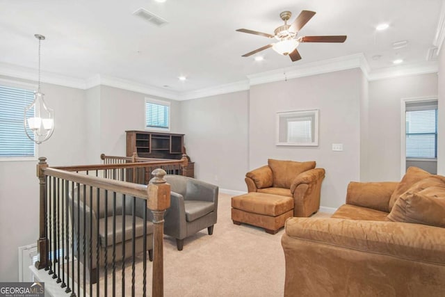 living room featuring crown molding, visible vents, and light carpet