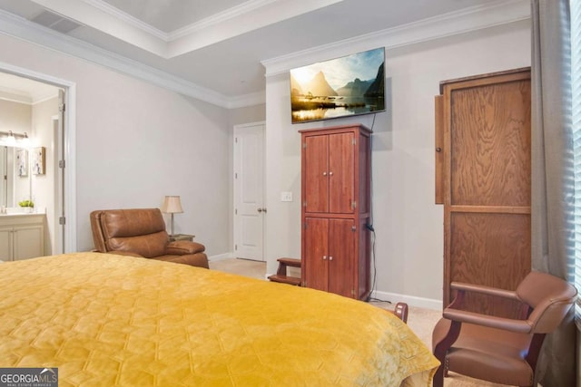 carpeted bedroom with visible vents, ensuite bath, crown molding, and baseboards