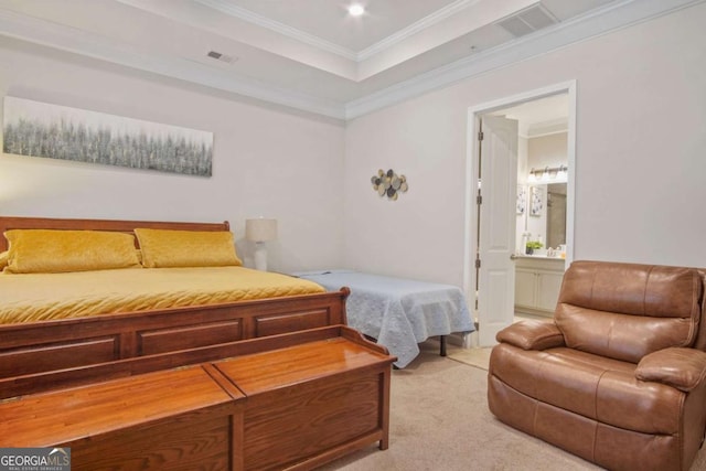 bedroom featuring visible vents, ornamental molding, light carpet, a raised ceiling, and connected bathroom