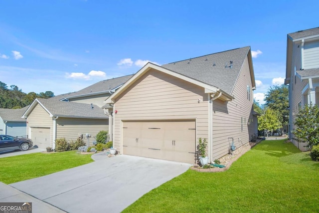 view of property exterior featuring an attached garage, a shingled roof, driveway, and a yard