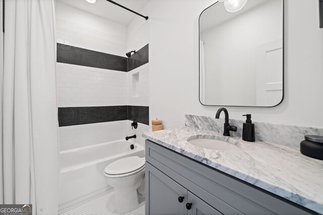 bathroom with vanity, toilet, shower / bathtub combination with curtain, and tile patterned flooring