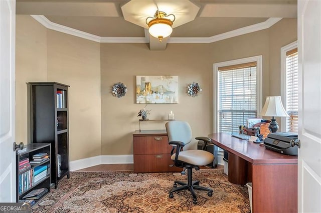 home office with baseboards and ornamental molding