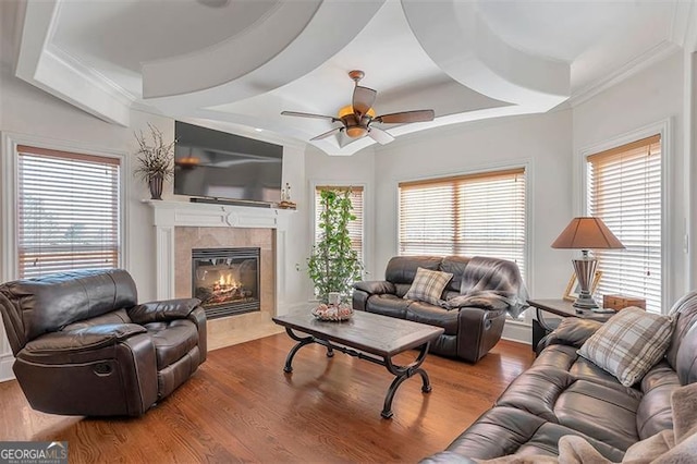 living room with a wealth of natural light, a tray ceiling, and wood finished floors