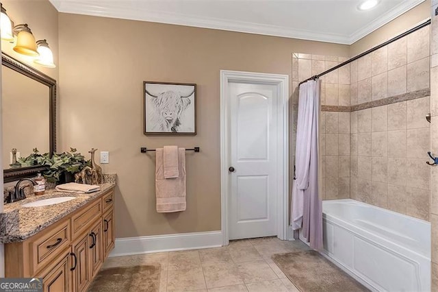 full bathroom featuring shower / bathtub combination with curtain, baseboards, double vanity, ornamental molding, and a sink