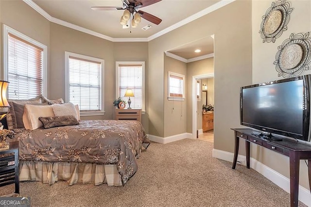 carpeted bedroom featuring baseboards, multiple windows, and ornamental molding