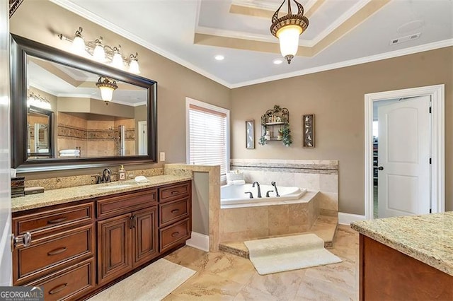 full bathroom with walk in shower, ornamental molding, a bath, vanity, and a raised ceiling