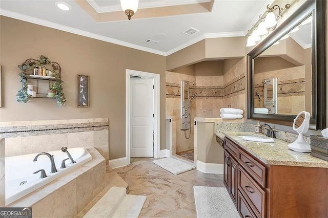 full bathroom with vanity, visible vents, a shower stall, crown molding, and a bath