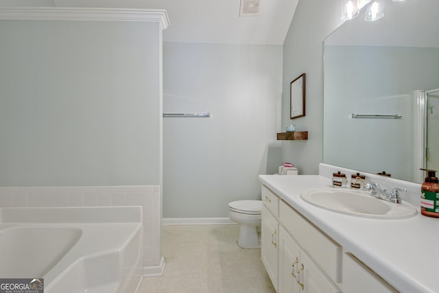 bathroom with visible vents, toilet, baseboards, a bath, and vanity