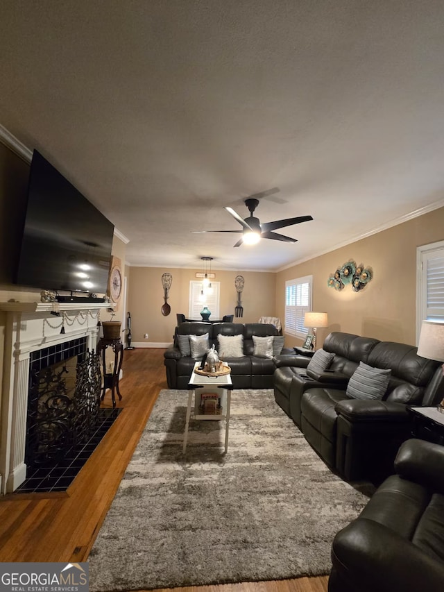 living room featuring a ceiling fan, a fireplace, wood finished floors, and crown molding