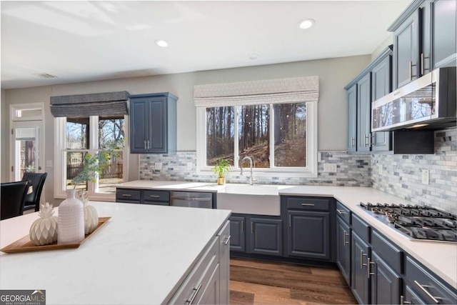 kitchen featuring dark wood-type flooring, a sink, recessed lighting, appliances with stainless steel finishes, and light countertops