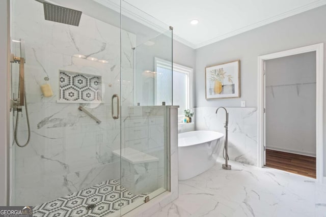 full bathroom featuring a marble finish shower, a soaking tub, marble finish floor, and ornamental molding