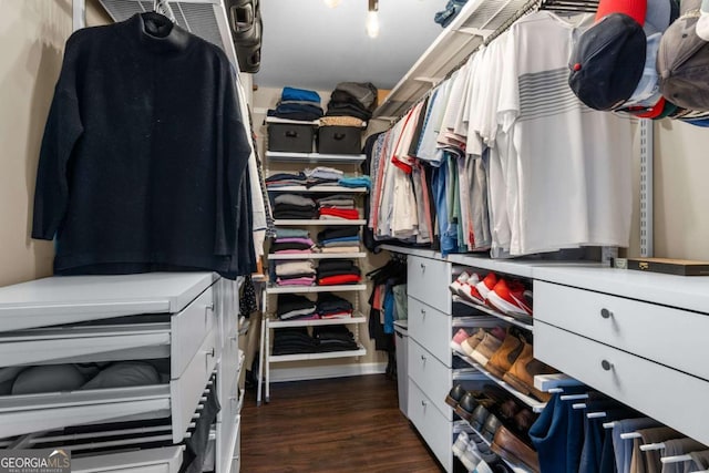 walk in closet with wood finished floors