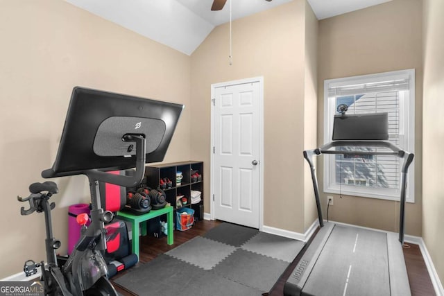 workout area with wood finished floors, baseboards, lofted ceiling, and ceiling fan