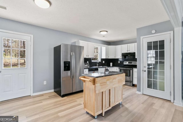 kitchen with under cabinet range hood, decorative backsplash, stainless steel appliances, white cabinetry, and a sink