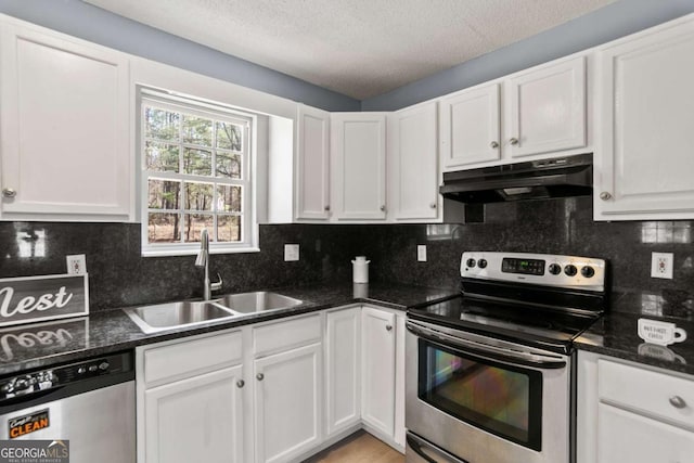 kitchen featuring a sink, white cabinets, under cabinet range hood, and stainless steel appliances