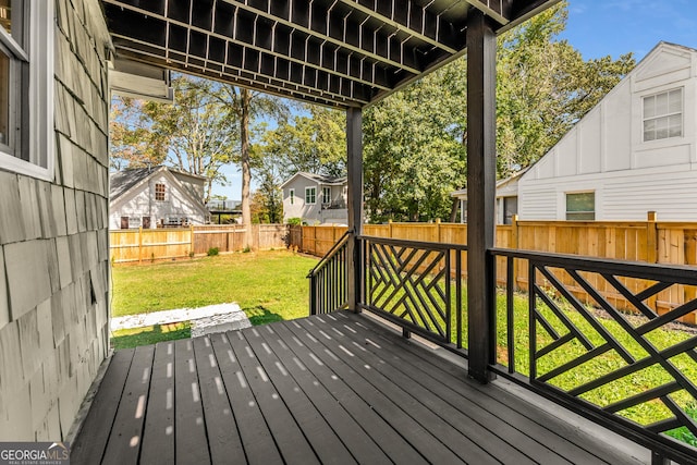 deck with a lawn and a fenced backyard