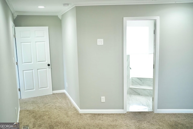 hallway featuring crown molding, carpet flooring, recessed lighting, and baseboards