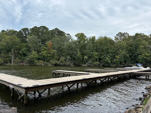 dock area featuring a view of trees and a water view