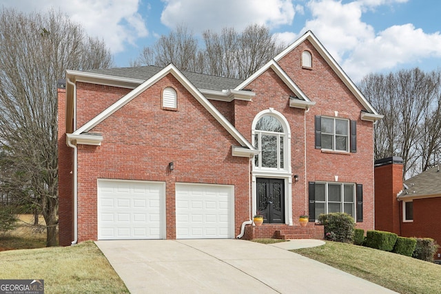 traditional-style house featuring concrete driveway, brick siding, a front yard, and a shingled roof