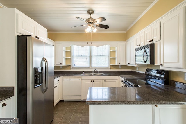 kitchen with dark countertops, ornamental molding, a peninsula, black appliances, and open shelves