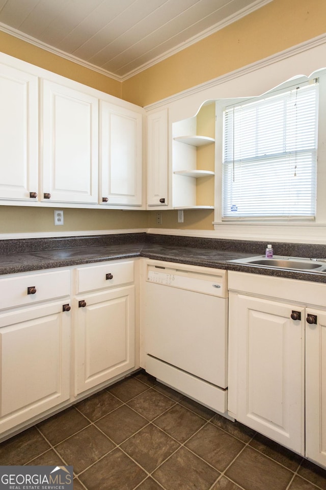 kitchen with dishwasher, open shelves, white cabinetry, and ornamental molding