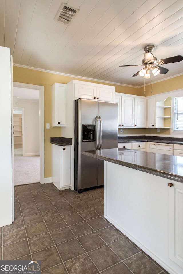 kitchen featuring visible vents, a ceiling fan, white cabinetry, white appliances, and crown molding