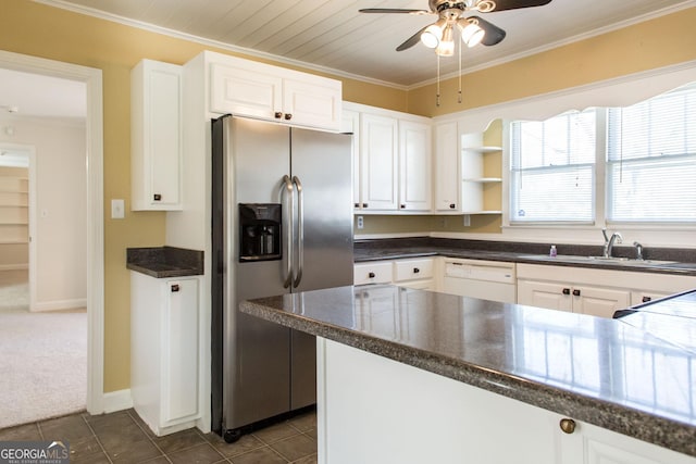 kitchen featuring open shelves, white dishwasher, a sink, ornamental molding, and stainless steel refrigerator with ice dispenser