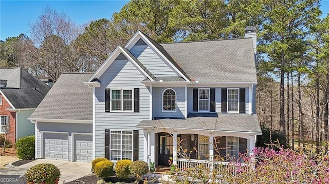 traditional home featuring a porch, concrete driveway, roof with shingles, a chimney, and an attached garage