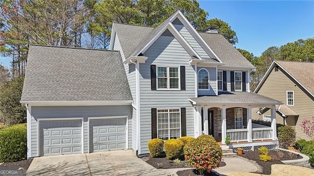 traditional home with driveway, a porch, a chimney, a shingled roof, and a garage