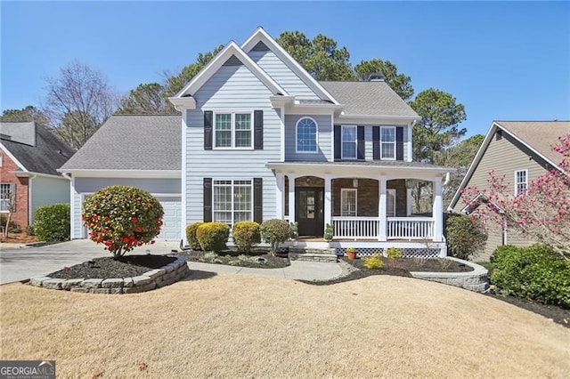 view of front of house featuring a porch, concrete driveway, a garage, and a front yard