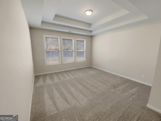 spare room featuring carpet flooring, a raised ceiling, and baseboards