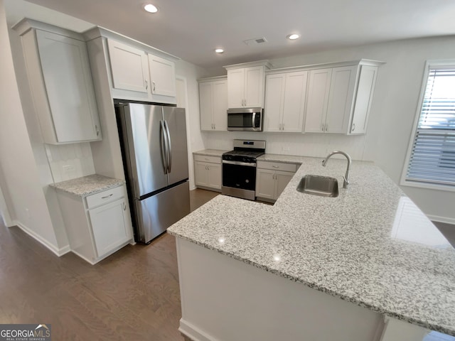 kitchen featuring visible vents, a sink, stainless steel appliances, a peninsula, and dark wood-style flooring