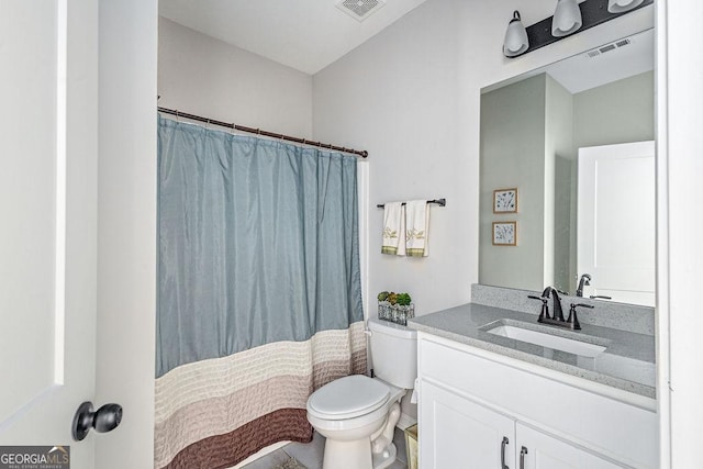 full bathroom with vanity, curtained shower, toilet, and visible vents