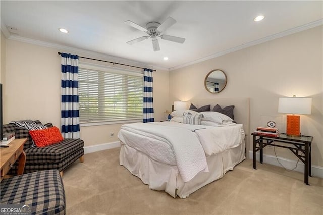 bedroom featuring recessed lighting, baseboards, light carpet, and ornamental molding
