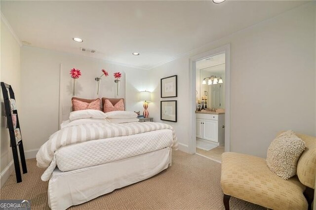 bedroom featuring crown molding, recessed lighting, visible vents, and light carpet