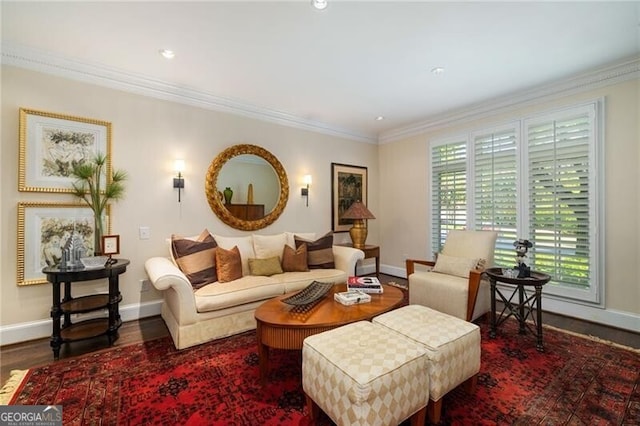 living area featuring wood finished floors, baseboards, and ornamental molding