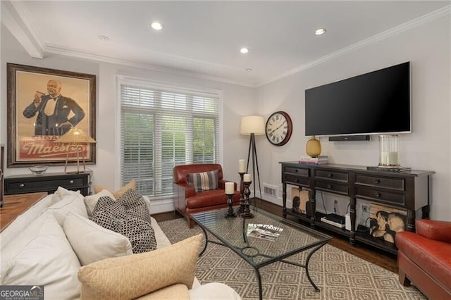 living area with visible vents, ornamental molding, wood finished floors, recessed lighting, and baseboards