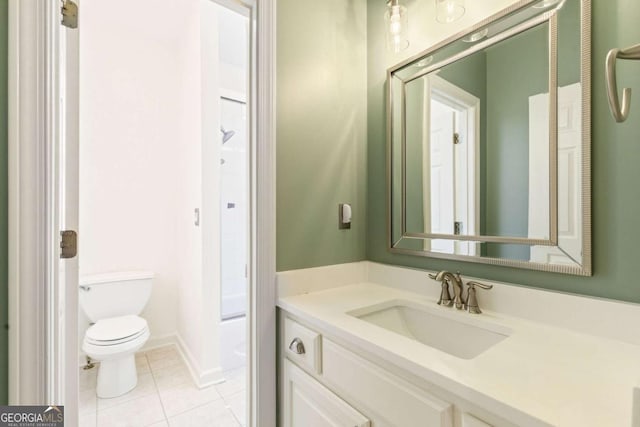 full bathroom with toilet, tile patterned flooring, a shower, and vanity