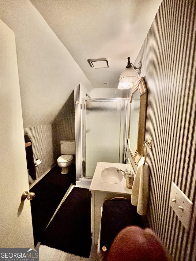 bathroom with a shower stall, vanity, and vaulted ceiling